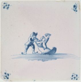 Antique Delft tile with blue winter scene of a skater pushing a sleigh, 18th century