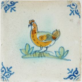 Antique Delft tile with a chicken, 17th century