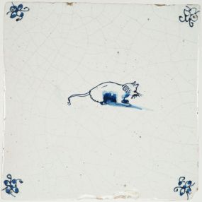 Antique Delft blue tile depicting a cat, 17th century