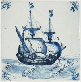 Antique Delft blue tile with a Fluyt ship, 17th century