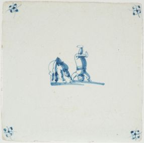Antique Delft blue tile showing two children performing handstands, 17th century