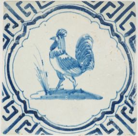 Antique Delft tile with a rooster, 17th century