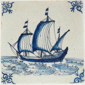 Antique Delft blue tile with a ship under sail, 17th century