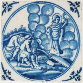 Antique Delft tile with the resurrection of Jesus, 18th century