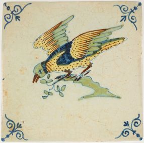 Antique Delft polychrome tile with a bird on a branch, 17th century