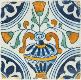 Antique Delft polychrome tile with a flower vase,17th century