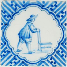 Antique Delft tile in blue with a skater using a chair, 20th century