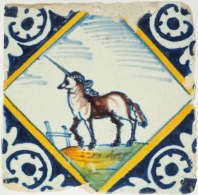 Antique Delft wall tile with unicorn in a diamond square, 17th century
