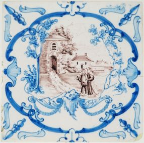 Antique Delft tile with landscape in blue and manganese, 20th century