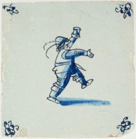 Antique 17th-century Delft wall tile in blue with a man holding a glass, 17th century