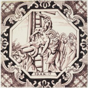 Antique Delft wall tile in manganese depicts the descent from the Cross, 19th century