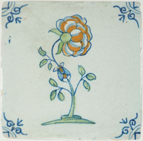 Antique Delft tile with a polychrome rose and insect, 17th century