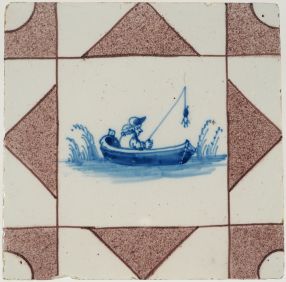 Antique Delft tile with a fisherman in a boat, 18th century