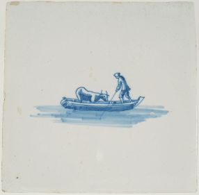 Antique Delft tile in blue showing a cow being transported in a boat, 17th century