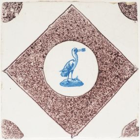 Antique Delft tile with blue spoonbill in a manganese-sprinkled, 18th century