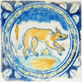 Antique Delft tile depicting an aardvark in a circular cord band, 16th century