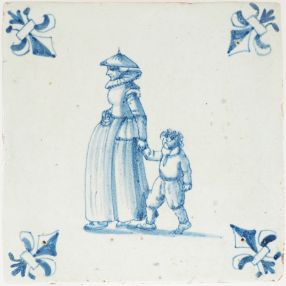 Antique Delft tile depicting a woman walking while holding a child’s hand, 17th century