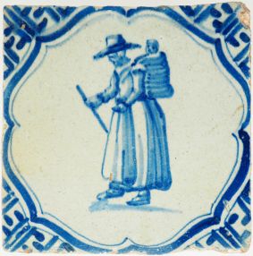 Antique Delft tile with a mother carrying a child in blue, 17th century