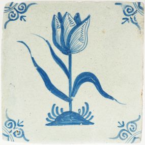 Antique Delft tile with a blue tulip, 17th century