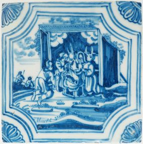 Antique Delft tile with the birth of Jesus in blue, 18th century
