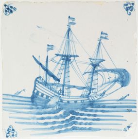 Antique Delft tile with a fluyt ship sailing in blue, 17th century
