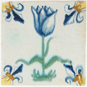 Antique Delft tile with a polychrome tulip, 17th century