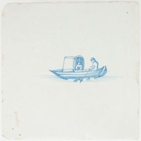 Antique Delft tile with two figures in a boat, 17th century