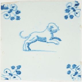 Antique Delft tile with a leaping dog in blue, 17th century