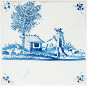 Antique Delft tile with a shepherd, cattle and dog, 17th century