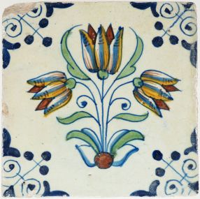 Antique Delft wall tile with three polychrome tulips, 17th century