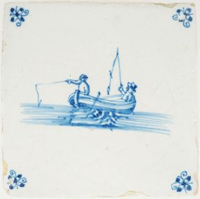 Antique Delft wall tile with two fishermen in a boat, 17th century