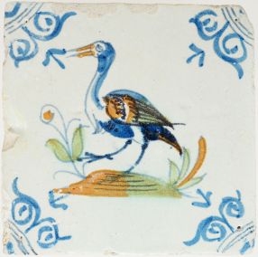 Antique Delft tile with a stork, 17th century