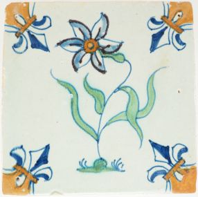 Antique Delft wall tile with a polychrome narcissus, 17th century