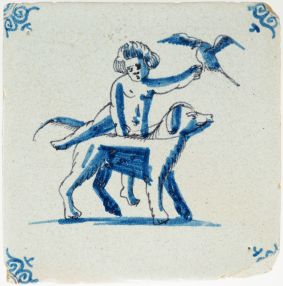 Rare 17th-century Harlingen Delft tile depicting Frederick de Vries riding a dog, 17th century