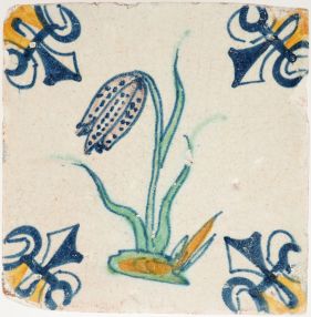 Antique Delft tile with a polychrome fritallaria, 17th century