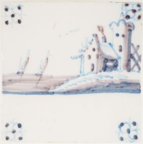 Antique Delft terp tile depicting a village on an island, 19th century