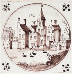 Antique Delft wall tile depicting a castle surrounded by walls, 17th century