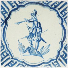 Antique Delft tile depicting a 17th-century Dutch soldier, likely from Prince Maurice's army, 17th century