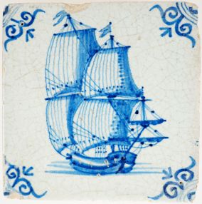 Antique 17th-century Delft tile depicting a blue cargo boat, 17th century