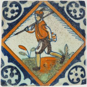 Antique Delft tile with a hunter, 17th century