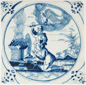 Antique Delft tile depicting Abraham and Isaac with the ram, 17th/18th century