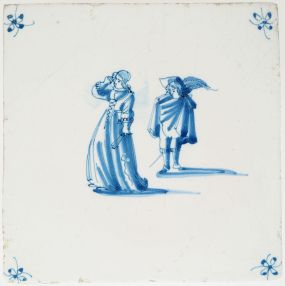 Antique 17th-century Delft tile depicting a gentleman and lady, 17th century