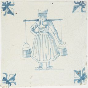 Antique Delft tile depicting a milkmaid carrying two buckets, 17th century