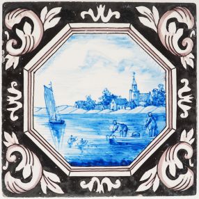 Antique Delft tile with a blue landscape in an octagonal panel, 19th century