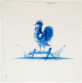 Antique Delft tile in blue depicting a rooster, 17th century