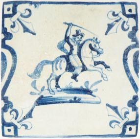 Antique blue Delft tile depicting a mounted soldier on a rearing horse, 17th century