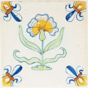 Rare polychrome antique Delft tile depicting a carnation-like flower, 17th century