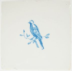 Antique blue Delft tile depicting a bird perched on a leafy branch, 18th century
