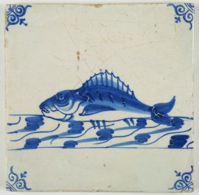 Antique Delft tile with a perch, 17th century