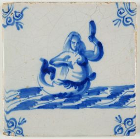 Antique Delft tile with a mermaid, 17th century